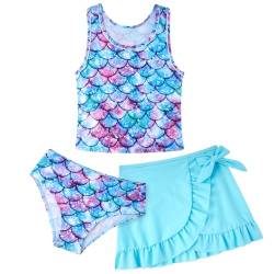 AIDEAONE Badeanzüge für Mädchen Kinder Tankini entzückende Dreiteiliges Set mit Blaue Meerjungfrau Boden Bademode 6-7 Jahre von AIDEAONE