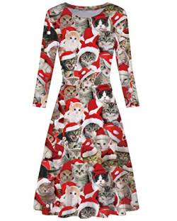 AIDEAONE Damen Weihnachten Kleid 3/4 Ärmel Midi Weich Kleid Lustig Katze Druck von AIDEAONE