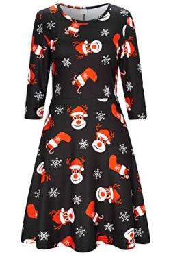 AIDEAONE Damen Weihnachten Kleid 3/4 Ärmel Midi Weich Swing-Kleid Lustig Druck,S von AIDEAONE