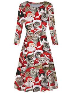 AIDEAONE Frauen Weihnachtskleid 3/4 Ärmel Midi Weich Kleid Lustig Katze Druck von AIDEAONE