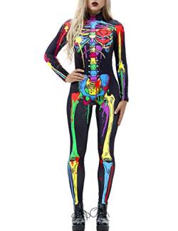 AIDEAONE Halloween Kostüm Damen Knochen Overall Ganzanzug Knochen Skeleton Anzug Karneval Fasching M von AIDEAONE