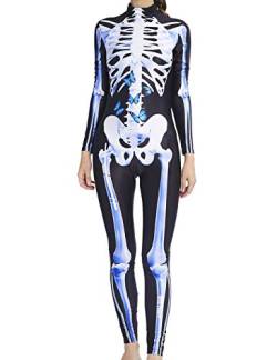 AIDEAONE Halloween Kostüm Damen Skelett Ganzanzug Jumpsuit Knochen Skeleton Dünne Catsuit Schwarz S von AIDEAONE