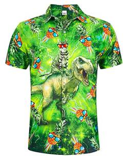 AIDEAONE Hemd Herren Aloha Lustig Knopf Hemd Kurzarm Urlaub Beach Style Dinosaurier Katze von AIDEAONE