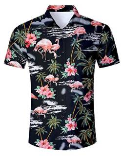 AIDEAONE Herren Hawaii Flamingo Blumen Hemd Kurzarm Hemden Strandkleidung Schwarz von AIDEAONE