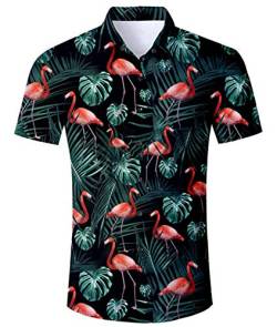 AIDEAONE Herren Hawaii Hemd Flamingo Kurzarm Tropisch Hemden Lässig Knopf Hemd Schwarz von AIDEAONE