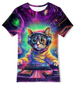 AIDEAONE Kinder Jungen T-Shirts Sommer Tops Bunt Drucken Lustig T-Shirt 13-14 Jahre,DJ Katze,L von AIDEAONE