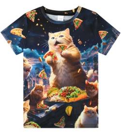 AIDEAONE Kinder Jungen T-Shirts Sommer Tops Bunt Drucken Lustig T-Shirt 13-14 Jahre,Pizza und Katzen,L von AIDEAONE