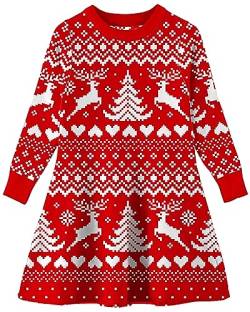 AIDEAONE Kinder Weihnachts Strickkleid für Mädchen X-Mas Partykleid Rentier Pullover Kleid Rot von AIDEAONE