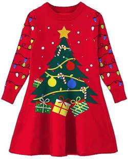 AIDEAONE Kinder Weihnachts Strickkleid für Mädchen X-Mas Partykleid Weihnachtsbaum Pullover Kleid Rot,M von AIDEAONE