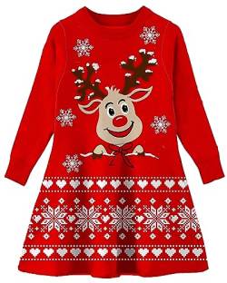 AIDEAONE Mädchen Weihnachts Strickkleid X-Mas Rentier Pullover Kleid Rot Weihnachtskleid,XL von AIDEAONE