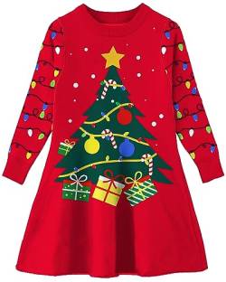 AIDEAONE Mädchen Weihnachts Strickkleid X-Mas Weihnachtsbaum Pullover Kleid Rot Weihnachtskleid,XL von AIDEAONE