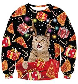 AIDEAONE Unisex Weihnachten Neuheit Pullover 3D Katze Langarm-T-Shirt Sweatshirt von AIDEAONE