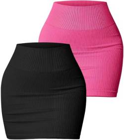 AIEOE 2 PCS Damen Minirock Etuirock Kurz Sexy Gerippt Bleistiftrock Röcke Schlank Elegant Stretch Rock Größe L Schwarz + Rosa von AIEOE