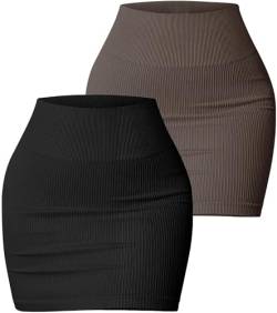 AIEOE 2 Stück Damen Mini Röcke Sexy Kurzer Strick Rock Minirock Gerippt Slim Fit Party Clubwear Größe S Schwarz + Braun von AIEOE