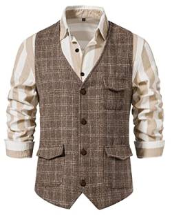 AIEOE Anzugwesten Herren Retro Tweed Weste Karo Formelle Weste Männer Hochzeitweste Smoking Braun 03 XL von AIEOE