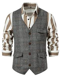 AIEOE Anzugwesten Herren Retro Tweed Weste Karo Formelle Weste Männer Hochzeitweste Smoking Grau 03 L von AIEOE