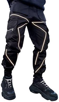 AIEOE Cargohose Herren Hip Hop Techwear Cargo Hosen mit reflektierenden Streifen Streetwear Punk Pants Joggger Jogginghose mit Taschen Gummibund - M von AIEOE