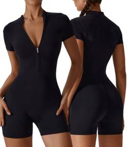 AIEOE Damen Sport Jumpsuit mit Kragen Sexy One Piece Bodycon Ärmellose mit Reißverschluss Eng Yoga Größe M Schwarz B von AIEOE