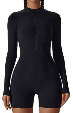 AIEOE Damen Yoga Jumpsuit Frauen Schwarz Unitard Slim Fit Einteilig Bodysuit Fitness Sportbekleidung Romper Langer Ärmel Shorts Bodycon Playsuit M von AIEOE