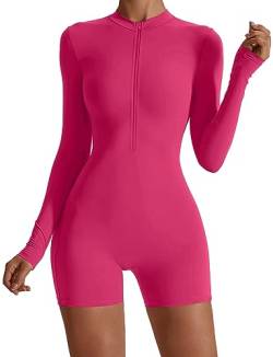 AIEOE Frauen Yoga Strampler Y2K Langarm mit Kragen Reißverschluss Sport Jumpsuit Damen Eng Yoga Größe XL Fuchsia von AIEOE