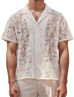 AIEOE Freizeithemd Kurzarm Männer Spitzenhemd Sommer Lässig Lace Shirt Outfit Beige 02 EU Größe L/Herstellergröße XL von AIEOE