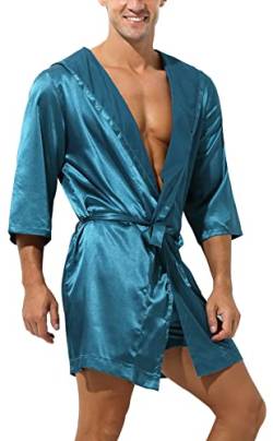 AIEOE Herren Bademantel Satin Morgenmantel Seidiger Bathrobes Knielang Nachtwäsche Kimono Blau A Größe M von AIEOE