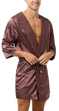 AIEOE Herren Bademantel Satin Morgenmantel Seidiger Bathrobes Knielang Nachtwäsche Kimono Braun A Größe L von AIEOE