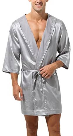 AIEOE Herren Bademantel Satin Morgenmantel Seidiger Bathrobes Knielang Nachtwäsche Kimono Grau A Größe M von AIEOE