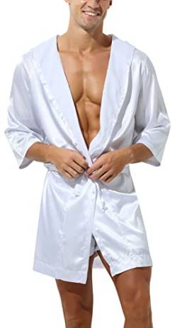 AIEOE Herren Bademantel Satin Morgenmantel Seidiger Bathrobes Knielang Nachtwäsche Kimono Weiß A Größe XL von AIEOE