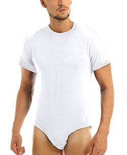 AIEOE Herren Bodysuit Kurzarm Body-Unterhemd mit Druckknöpfe im Schritt Männer Unterwäsche Overall Weiß Größe L von AIEOE