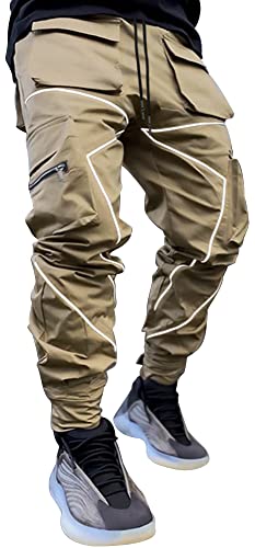 AIEOE Herren Cargo Jogginghose Streetwear Hip Hop Hose Techwear Cargohose mit reflektierenden Streifen Punk Pants Joggger Jogginghose mit Taschen - L von AIEOE