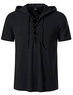 AIEOE Herren Casual T-Shirt Baumwolle Henley Shirt Leicht Dünn Hoodie Kurzarm Leinenhemd mit Kapuze Sommer Freizeithemd Atmungsaktiv - XXL von AIEOE