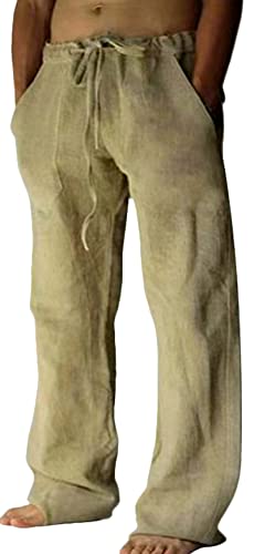 AIEOE Herren Freizeithose Weite Sommerhose mit Kordelzug und Taschen Luftig Strandhose Lang Beige Herstellergröße 4XL/ EU XXL von AIEOE