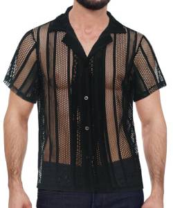 AIEOE Herren Hemd Spitze Kurzarm Durchsichtiges Hemd Hollow-Out Shirt Clubwear Oberteil Schwarz 01 EU Größe XL/Herstellergröße XXL von AIEOE