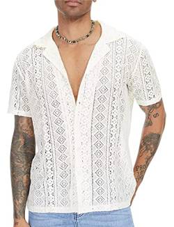 AIEOE Herren Hemd Transparent Kurzarm Freizeithemd Sommer Spitze T-Shirt Männer Lace Shirts V-Ausschnitt Spitzenhemd Lässig Sommerhemd - S von AIEOE