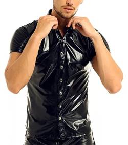 AIEOE Herren Kurzarm Hemd Lackleder T-Shirt Sexy Oberteil Glänzend Clubwear Figurbetontes Party-Outfit Schwarz 08 Herstellergröße 3XL/ EU Größe L von AIEOE