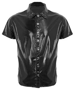 AIEOE Herren Kurzarm Hemd Wetlook T-Shirt Sexy Oberteil Glänzend Clubwear Figurbetontes Party-Outfit Schwarz 07 Herstellergröße 4XL/ EU Größe XL von AIEOE