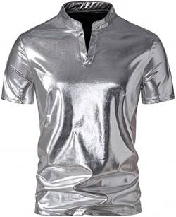 AIEOE Herren Kurzarmhemd mit Henley-Kragen Stilvoll Glänzendes Metall-Look Shirt Freizeithemd Silber 01 S von AIEOE