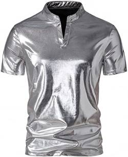 AIEOE Herren Kurzarmhemd mit Henley-Kragen Stilvoll Glänzendes Metall-Look Shirt Freizeithemd Silber 01 XXL von AIEOE