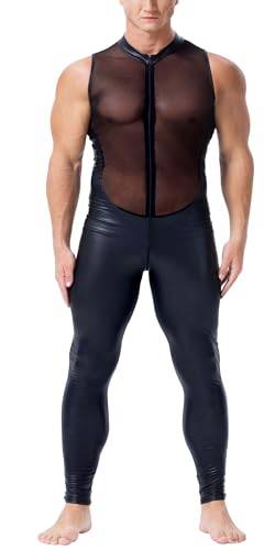 AIEOE Herren Lackleder Catsuit mit Netz-Einsatz Durchsichtige Jumpsuit Kunstleder Overall Anzug Schwarz 05 Größe L von AIEOE