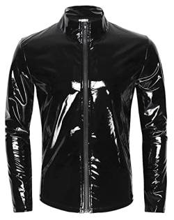 AIEOE Herren Lackleder Jacke Slim Fit Wetlook Glänzend Langarmshirt Club Oberteil Schwarz 01 Herstellergröße XL/EU Größe M von AIEOE