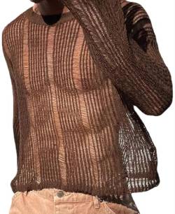 AIEOE Herren Mesh Langarmshirt Gestrickt Transparentes Netz Oberteil Kurz Unterhemd Braun EU Größe L/Herstellergröße XL von AIEOE