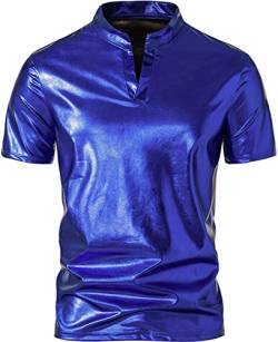 AIEOE Herren Metallisch Glänzend Henley-Hemd Kurzarm T-Shirt 80er Jahre Glitzer Disco-Kurzarmhemd Blau 01 XL von AIEOE