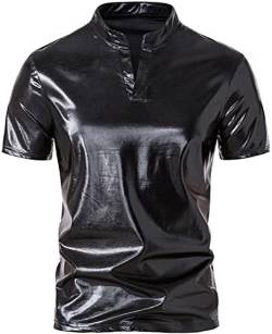 AIEOE Herren Metallisch Glänzend Henley-Hemd Kurzarm T-Shirt 80er Jahre Glitzer Disco-Kurzarmhemd Schwarz 01 XL von AIEOE