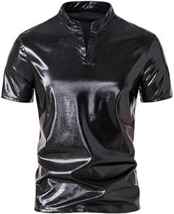 AIEOE Herren Metallisch Glänzend Henley-Hemd Kurzarm T-Shirt 80er Jahre Glitzer Disco-Kurzarmhemd Schwarz 01 XXL von AIEOE