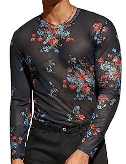 AIEOE Herren Netzhemd Langarm Blumen Netzshirt Sexy Transparent Muskel Shirts Netz Hemd T-Shirt Club Wear Sommer Netzoberteil - EU XS von AIEOE