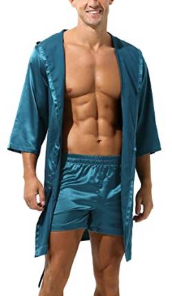 AIEOE Herren Satin Bademantel mit Kapuze Seidiger Bademantel & Shorts im Set Leicht und Locker Blau Set M von AIEOE