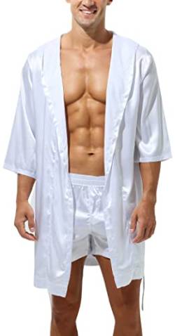 AIEOE Herren Satin Bademantel mit Kapuze Seidiger Bademantel und Shorts im Set Leicht und Locker Weiß Set M von AIEOE