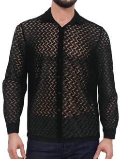 AIEOE Herren Sexy Hemd Leicht und Durchsichtig Langarmshirt Spitze Clubwear Schwarz 04 L von AIEOE