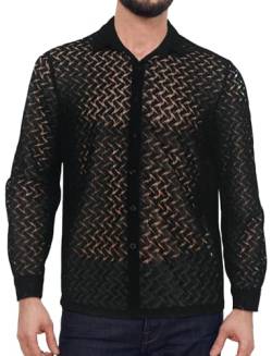 AIEOE Herren Sexy Hemd Leicht und Durchsichtig Langarmshirt Spitze Clubwear Schwarz 04 XL von AIEOE